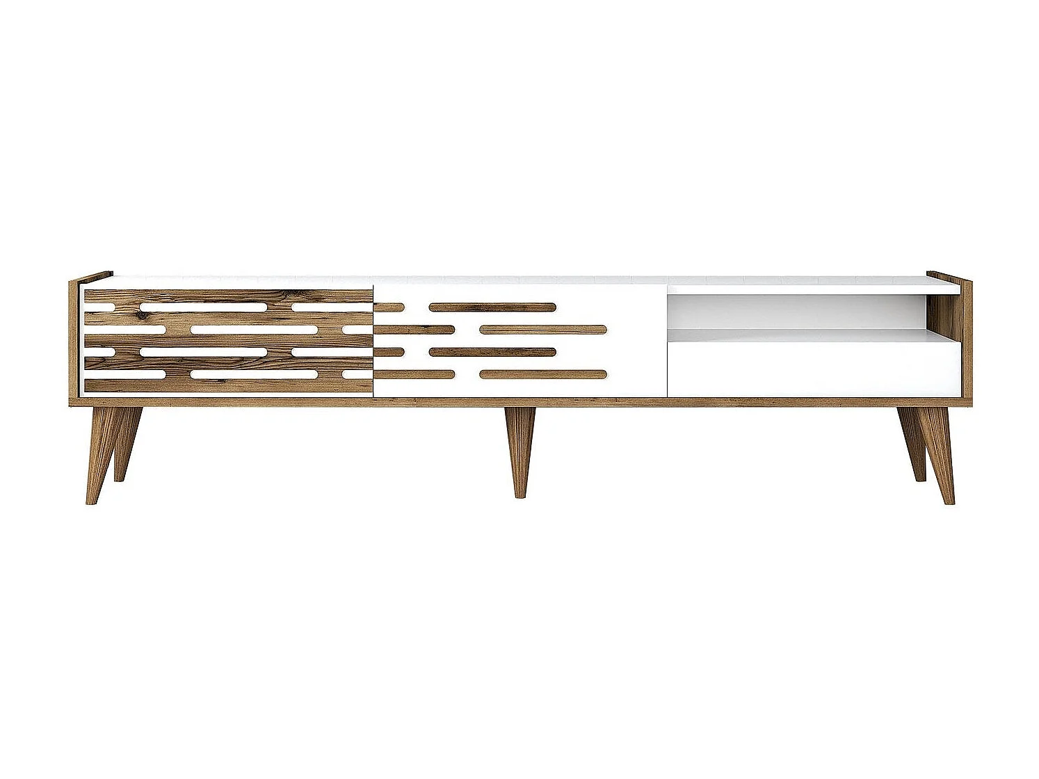 Elegante mobile porta TV – 180 x 35 x 45 cm – noce e bianco – pannello truciolare rivestito in melaminico