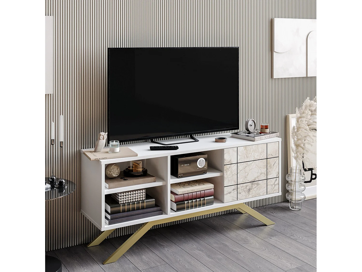 TV-Ständer – 130 cm – Weiß und Gold – Melamin
