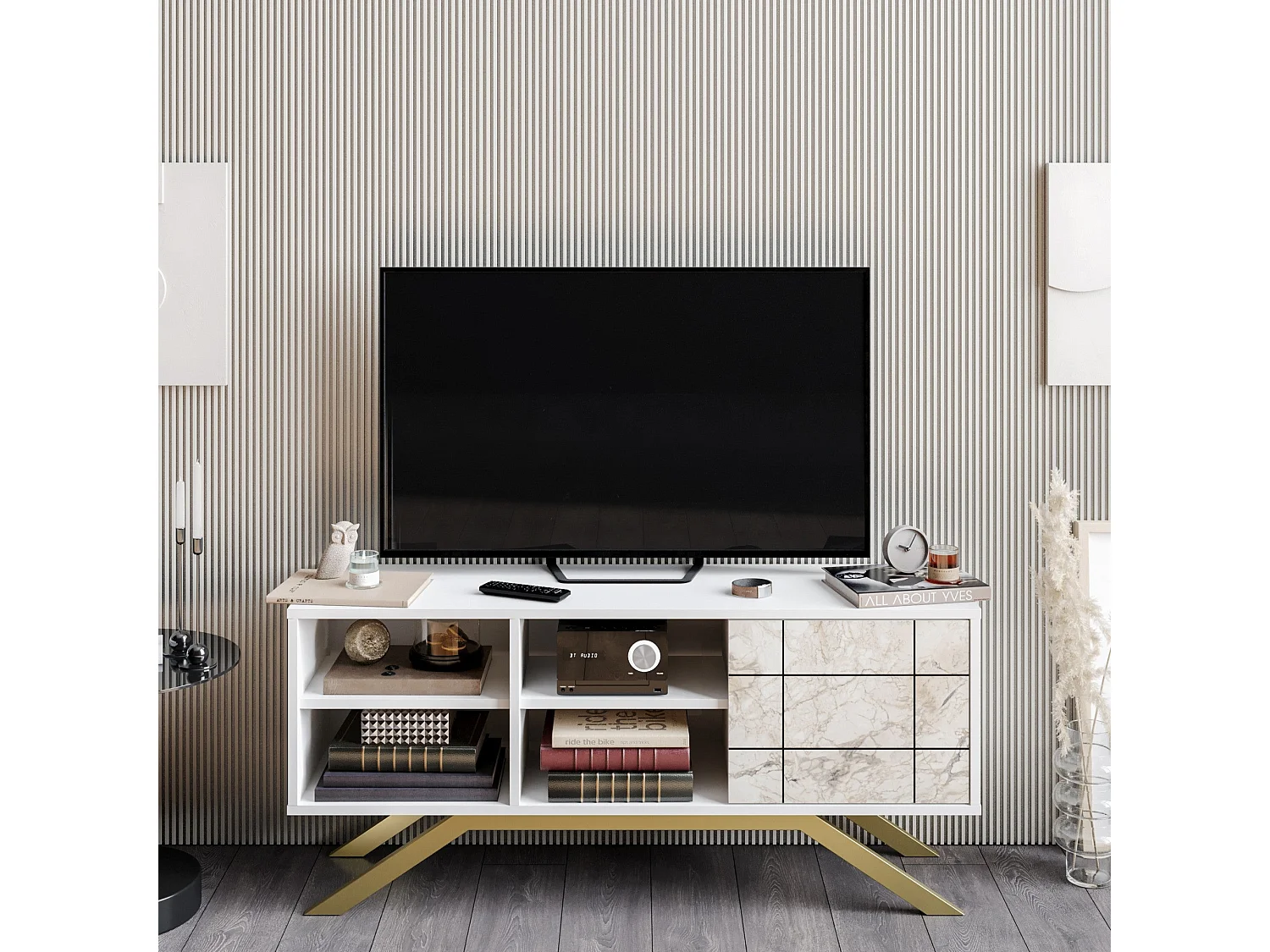 TV-Ständer – 130 cm – Weiß und Gold – Melamin