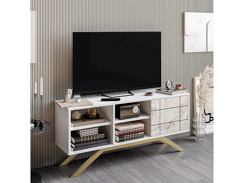 Mobile TV – 130 cm – Bianco e Oro – Melamina