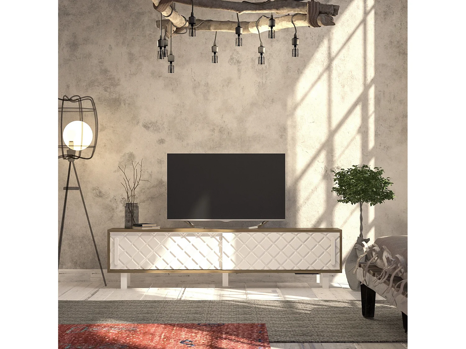 Meuble TV façade en relief Lehmann L180cm Chêne clair et Blanc