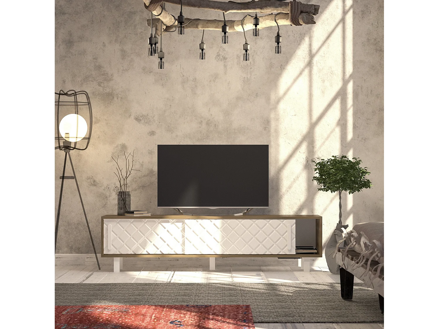 Meuble TV façade en relief Lehmann L180cm Chêne clair et Blanc