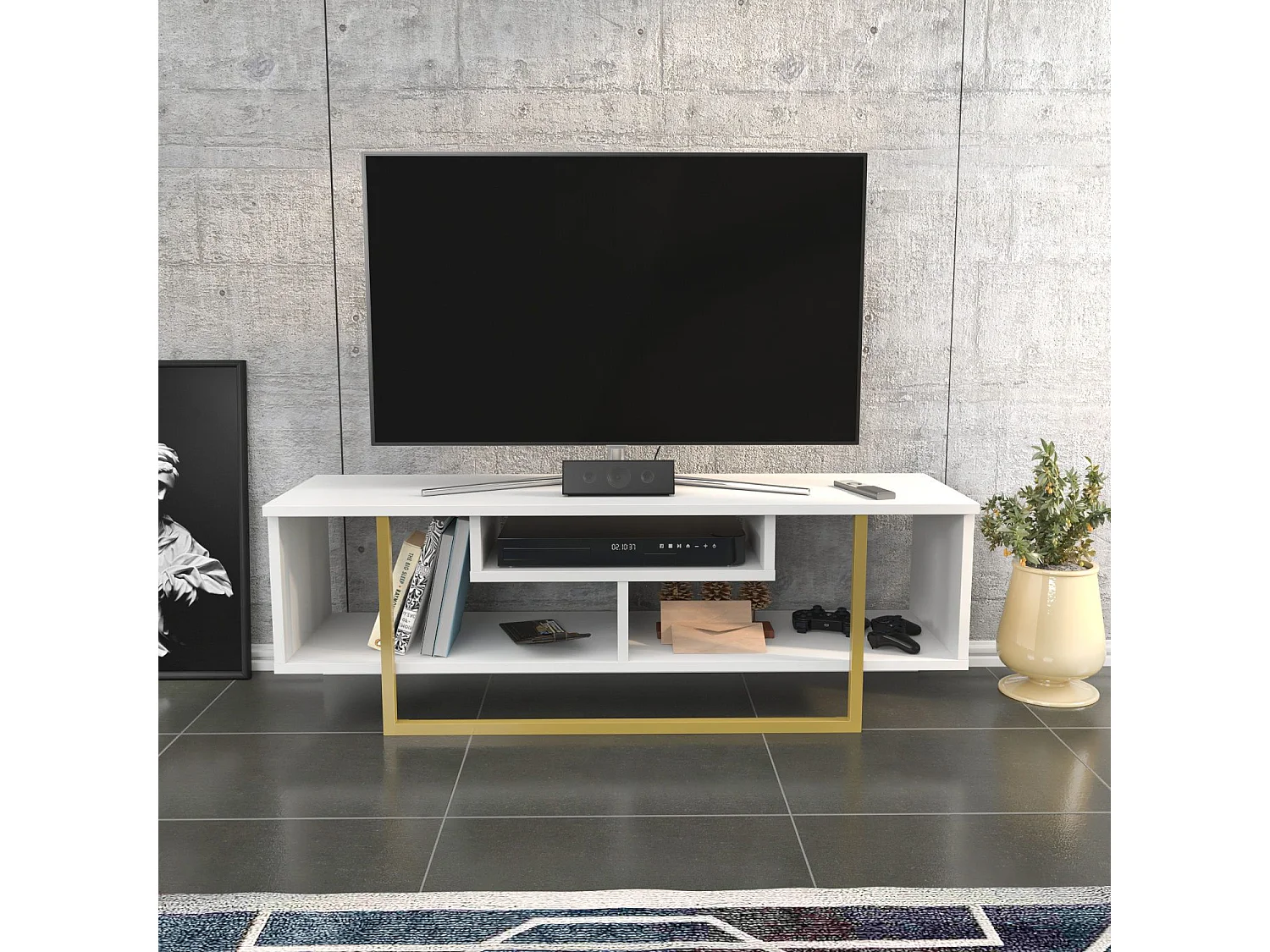 Glamoureuze tv-kast in goud en wit, 120 x 35,2 x 40,2 cm | 100% melamine-gecoate spaanplaat, 18 mm dik | Stijlvol en functioneel voor moderne woonkamers