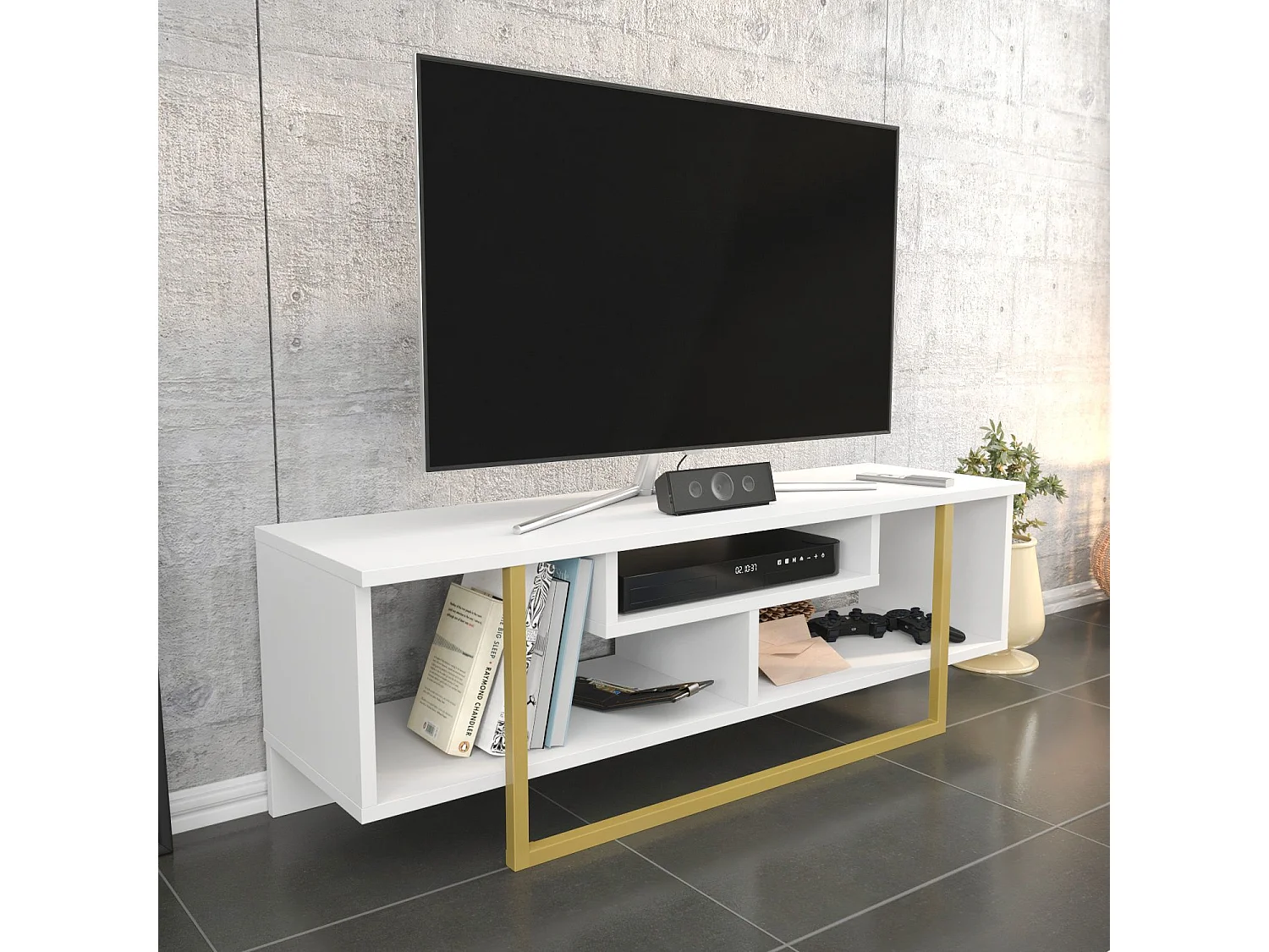 Glamoureuze tv-kast in goud en wit, 120 x 35,2 x 40,2 cm | 100% melamine-gecoate spaanplaat, 18 mm dik | Stijlvol en functioneel voor moderne woonkamers