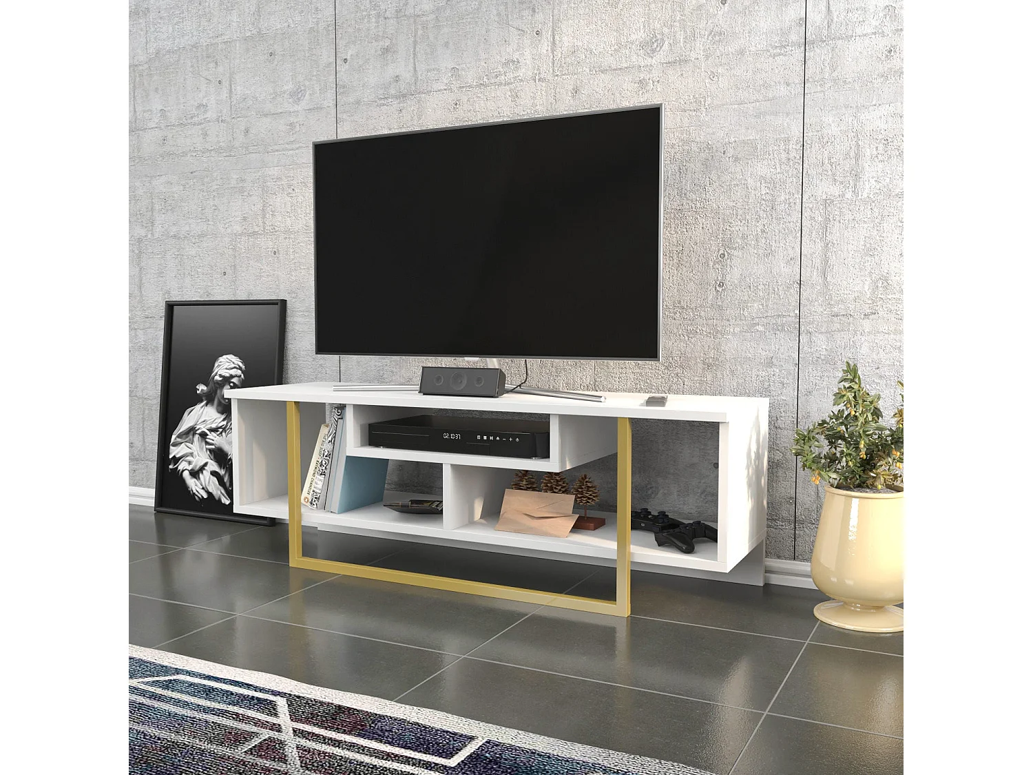 Glamoureuze tv-kast in goud en wit, 120 x 35,2 x 40,2 cm | 100% melamine-gecoate spaanplaat, 18 mm dik | Stijlvol en functioneel voor moderne woonkamers
