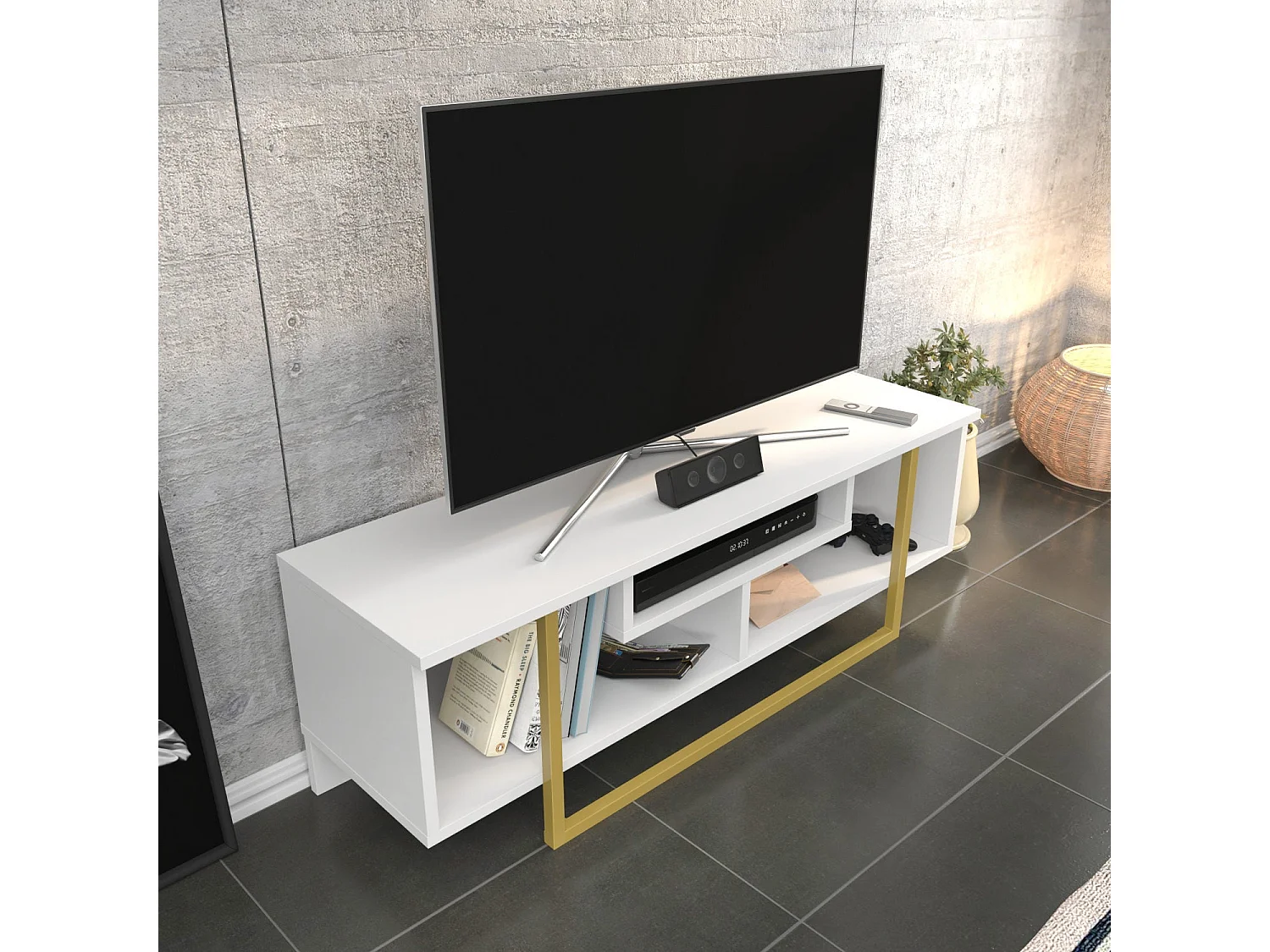 Glamoureuze tv-kast in goud en wit, 120 x 35,2 x 40,2 cm | 100% melamine-gecoate spaanplaat, 18 mm dik | Stijlvol en functioneel voor moderne woonkamers