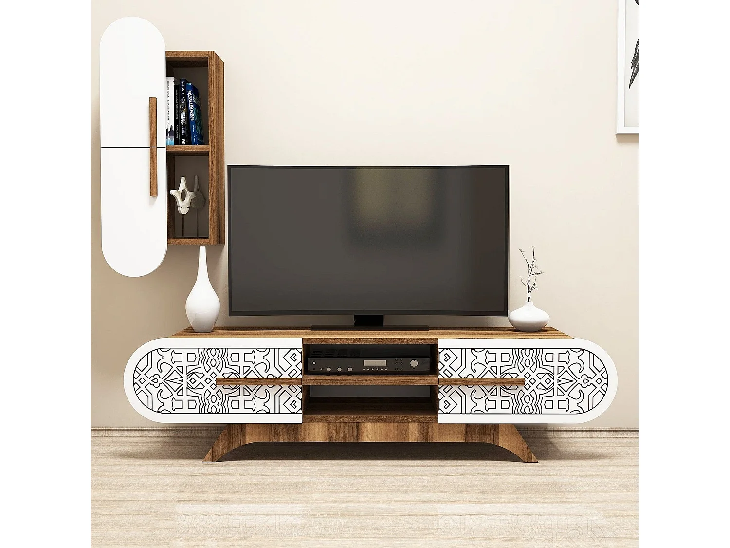 Conjunto de salón Kailua 1574, Nuez|Blanco, Partes separadas|Con mesa de TV, 145x35cm