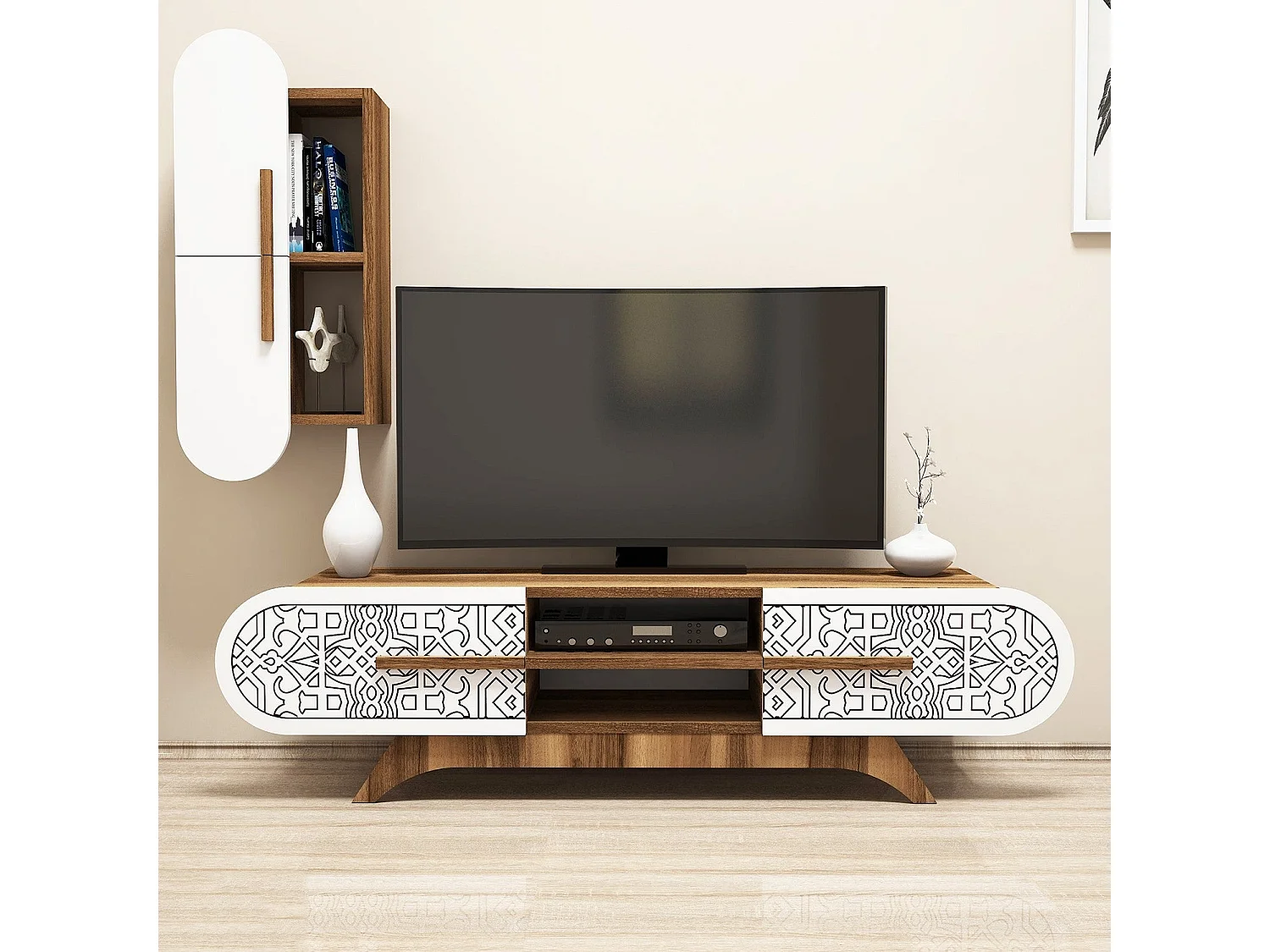 Conjunto de salón Kailua 1574, Nuez|Blanco, Partes separadas|Con mesa de TV, 145x35cm