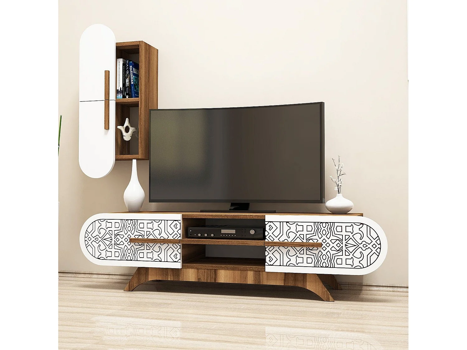 Moderner TV-Ständer – 145 x 37 x 35 cm – Walnuss und Weiß – Melamin