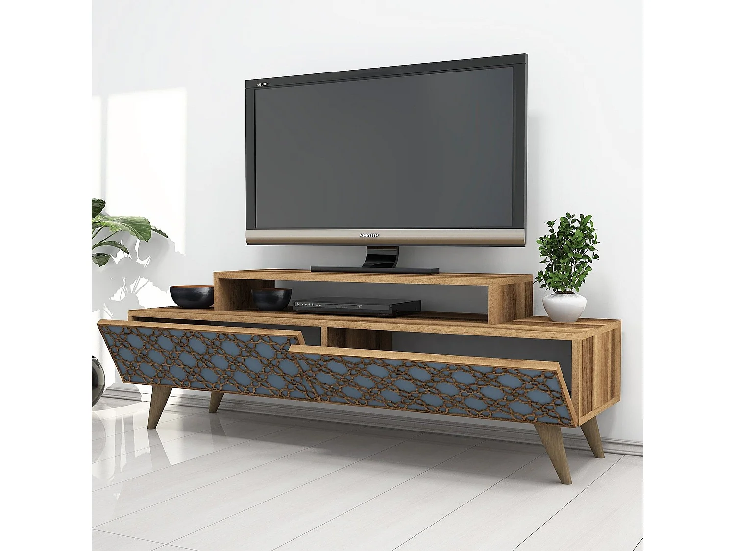Mesa de tv Kailua 160, Nuez|Azul, Número de puertas: 2.00, 140x49x42cm