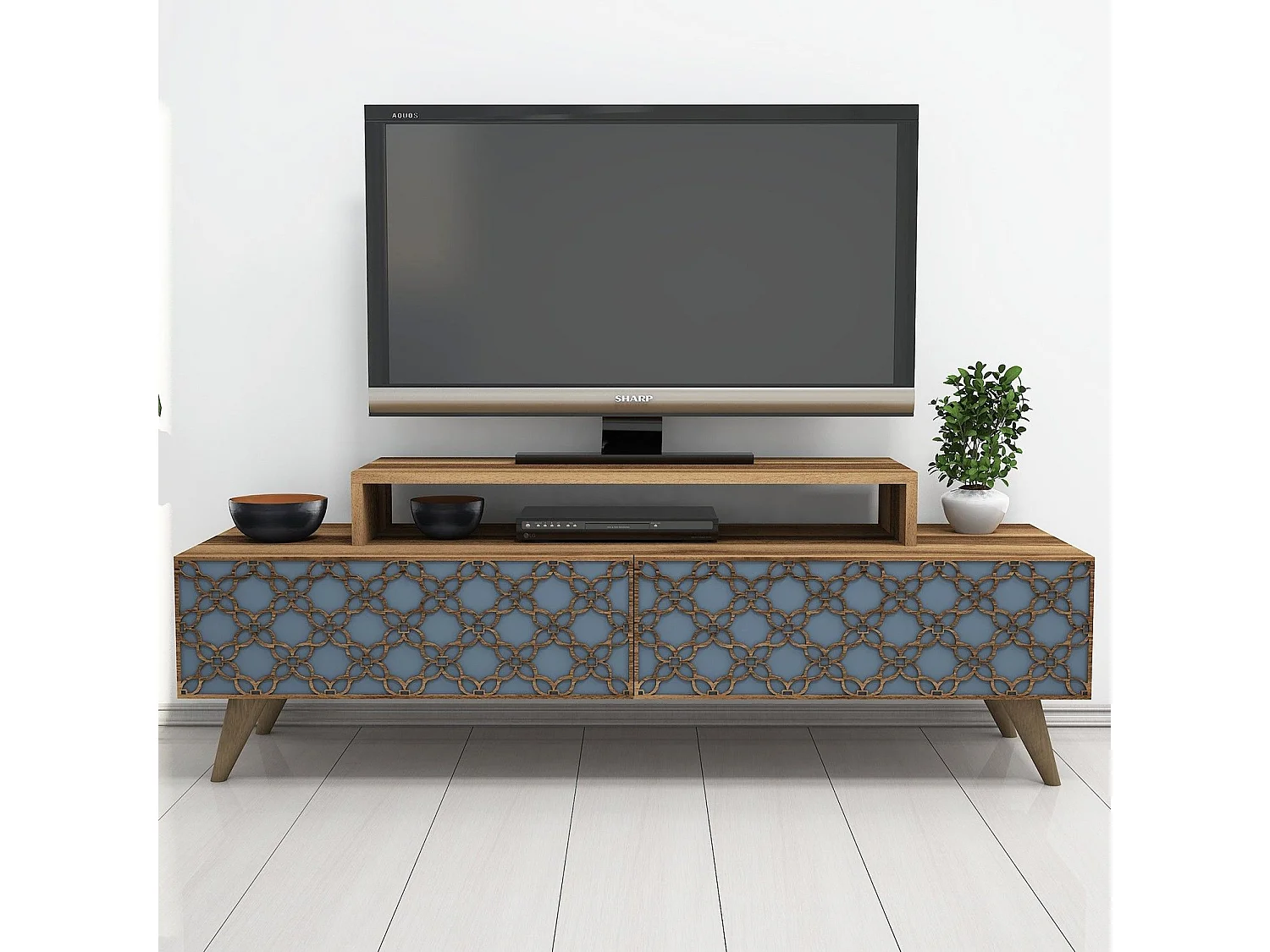 Mesa de tv Kailua 160, Nuez|Azul, Número de puertas: 2.00, 140x49x42cm