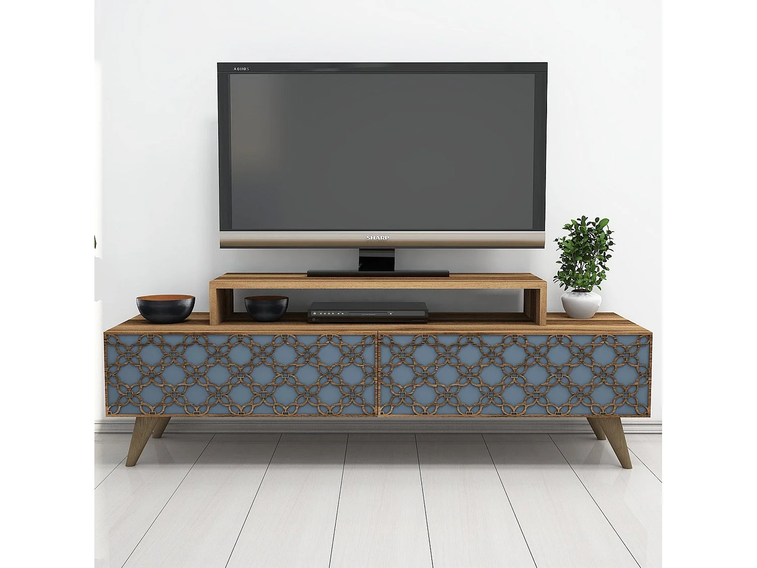 Mesa de tv Kailua 160, Nuez|Azul, Número de puertas: 2.00, 140x49x42cm