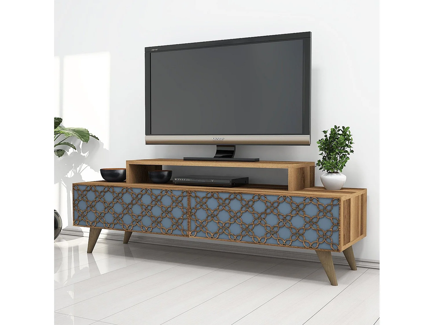 Mesa de tv Kailua 160, Nuez|Azul, Número de puertas: 2.00, 140x49x42cm