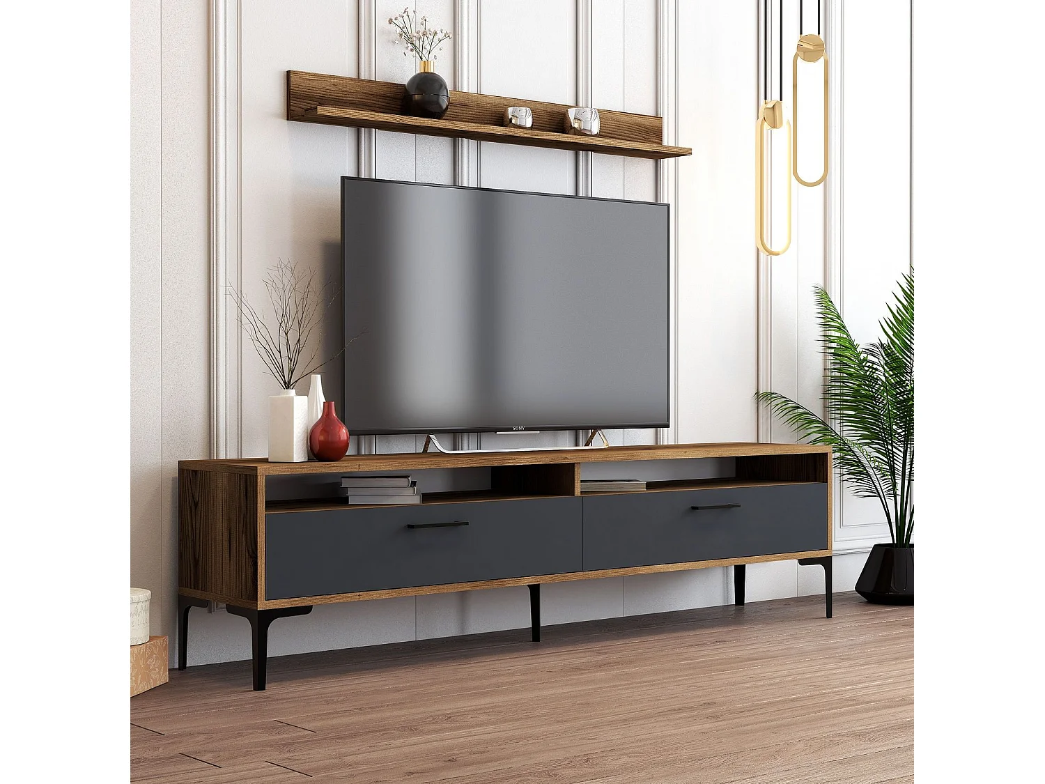 Mueble de TV moderno – 180 cm – nogal y antracita – melamina