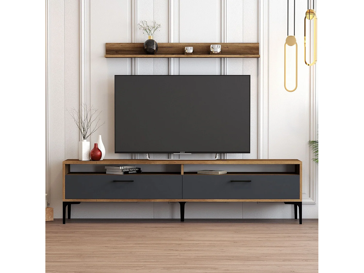 Ensembles meuble TV et étagère murale Varnus Bois Naturel et Anthracite et Métal Noir