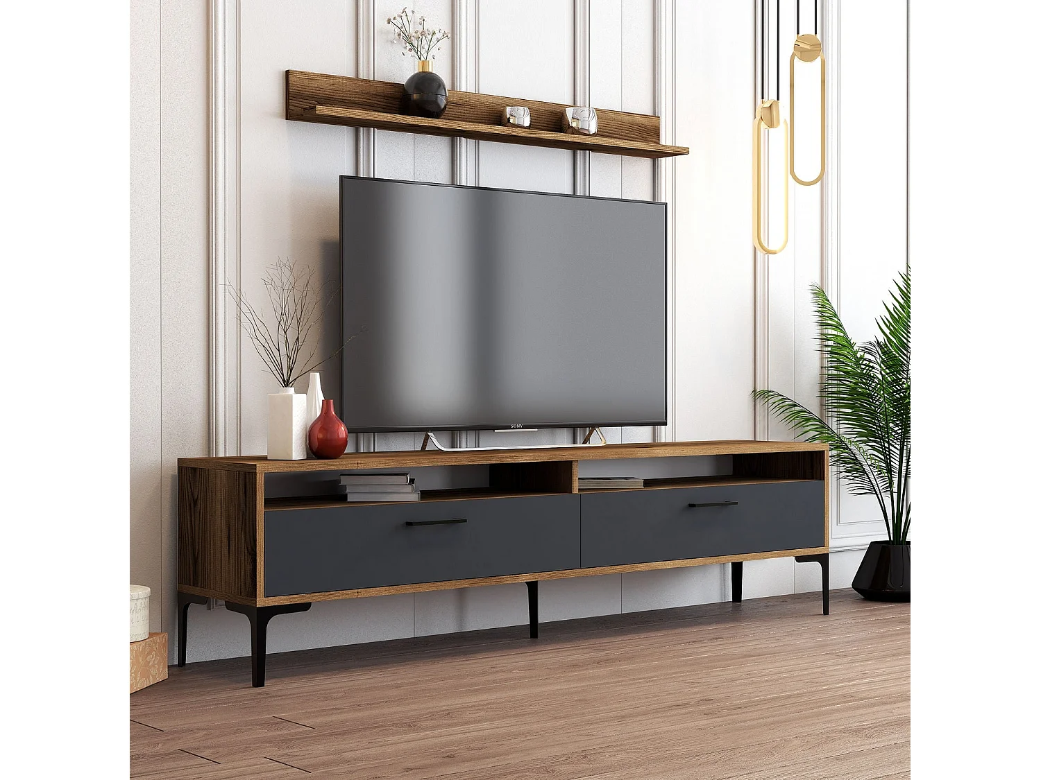 Ensembles meuble TV et étagère murale Varnus Bois Naturel et Anthracite et Métal Noir