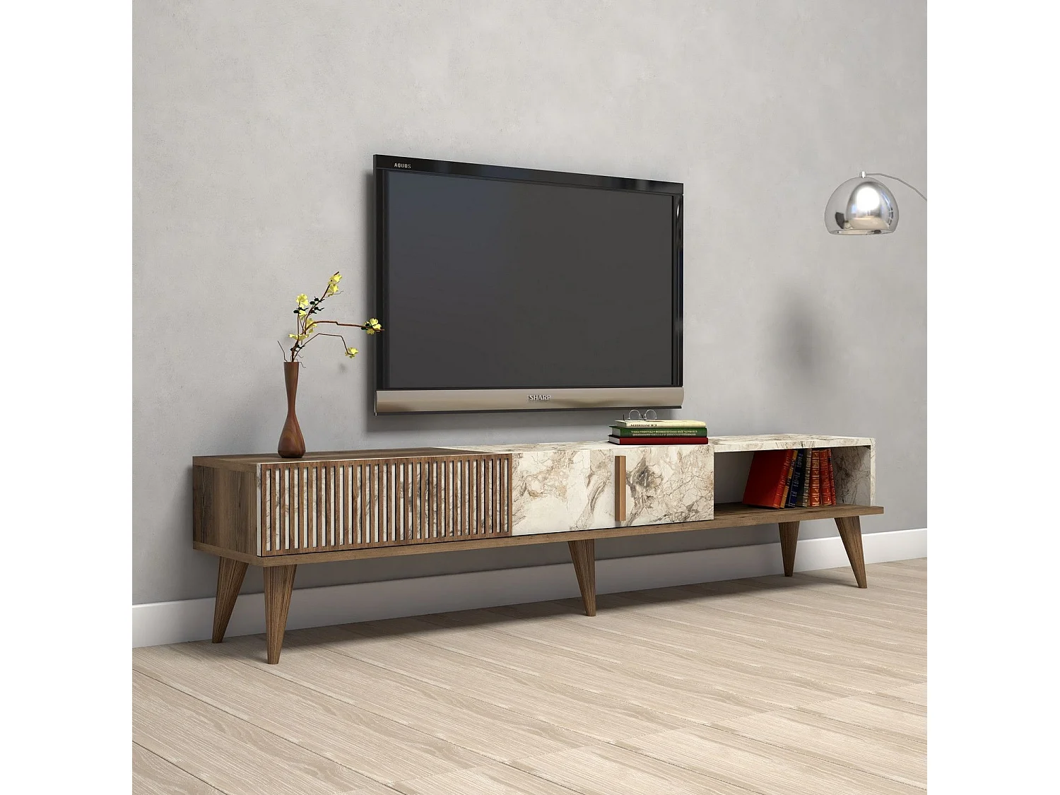 Móvel de TV moderno – 180 x 40 x 35 cm – Nogueira e Branco – 100% revestido em melamina