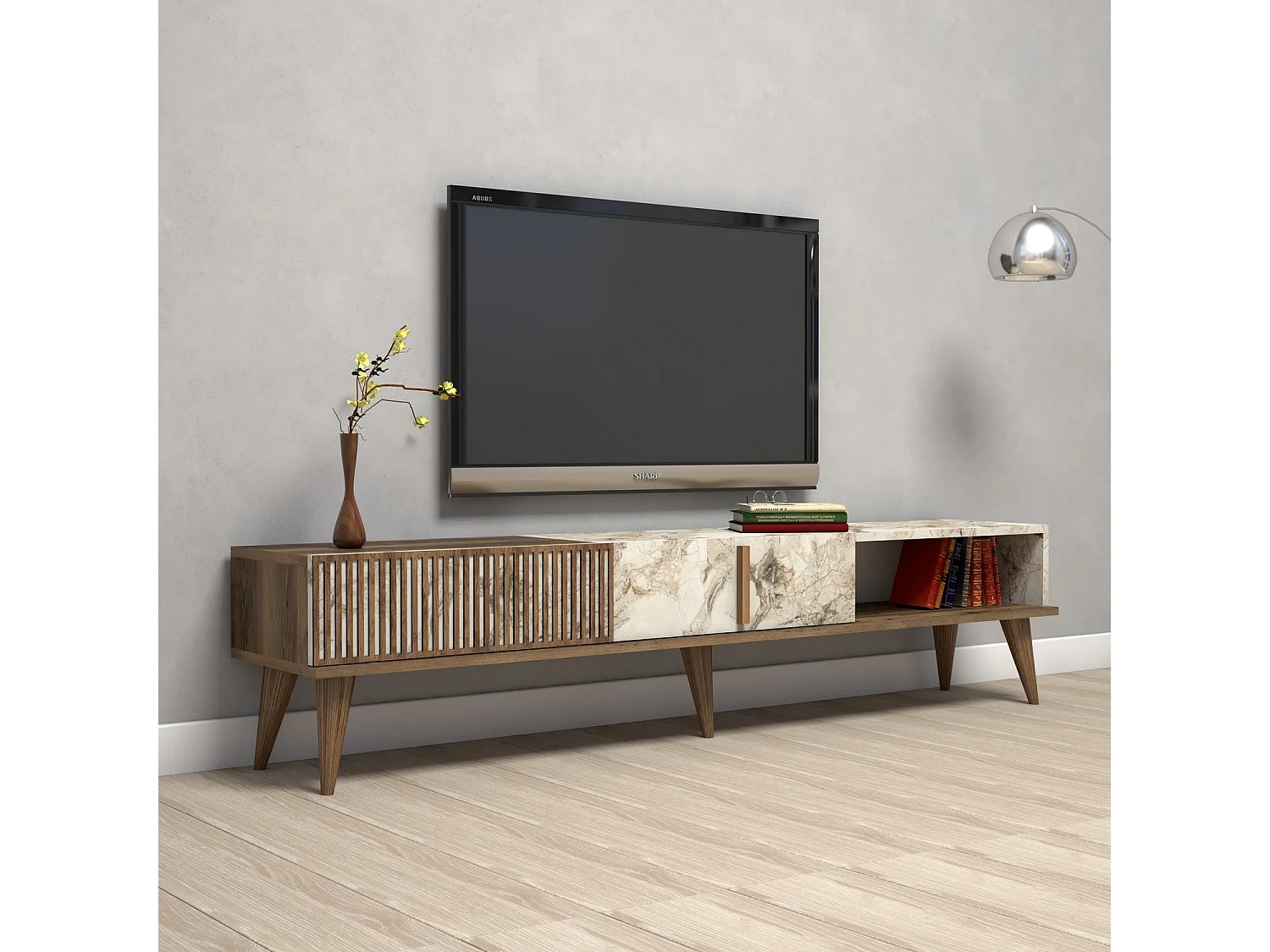 Móvel de TV moderno – 180 x 40 x 35 cm – Nogueira e Branco – 100% revestido em melamina