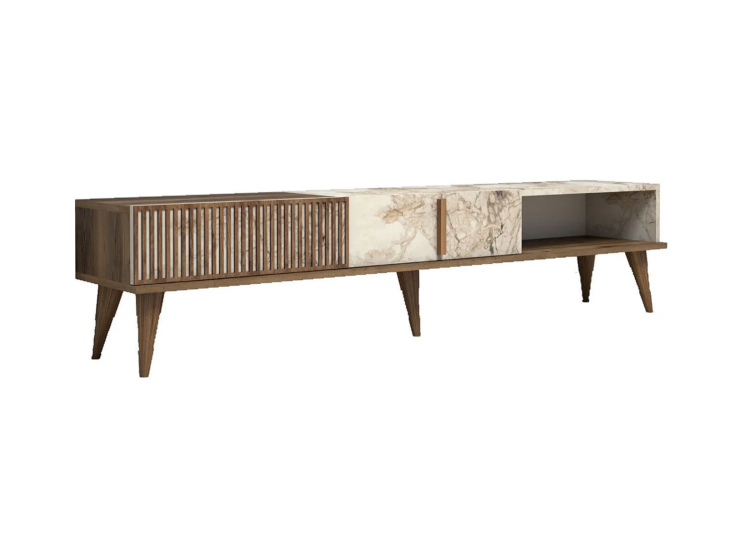 Meuble TV 2 portes et 1 étagères Ribera 180cm Bois foncé et Effet marbre Blanc