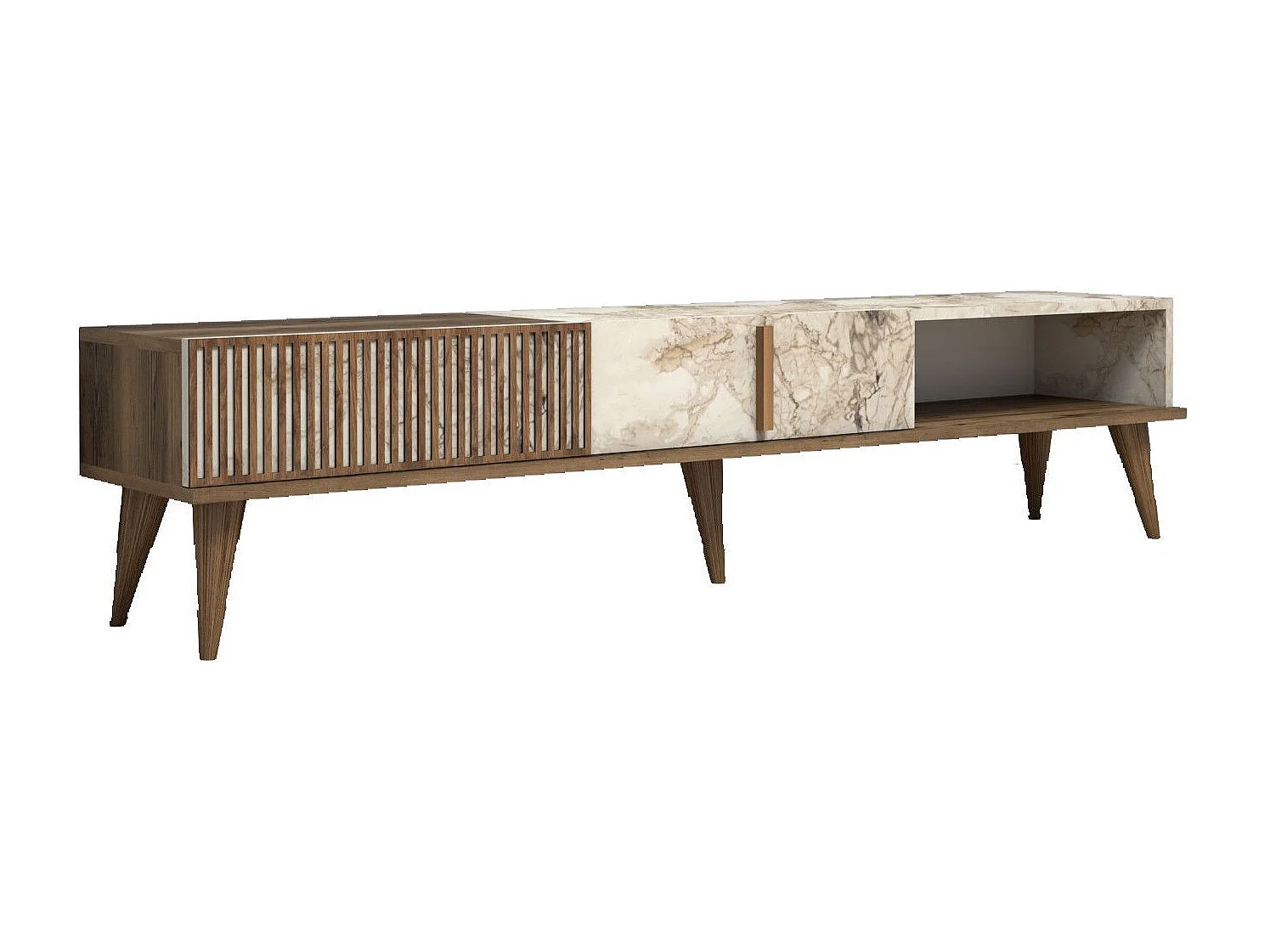 Meuble TV 2 portes et 1 étagères Ribera 180cm Bois foncé et Effet marbre Blanc