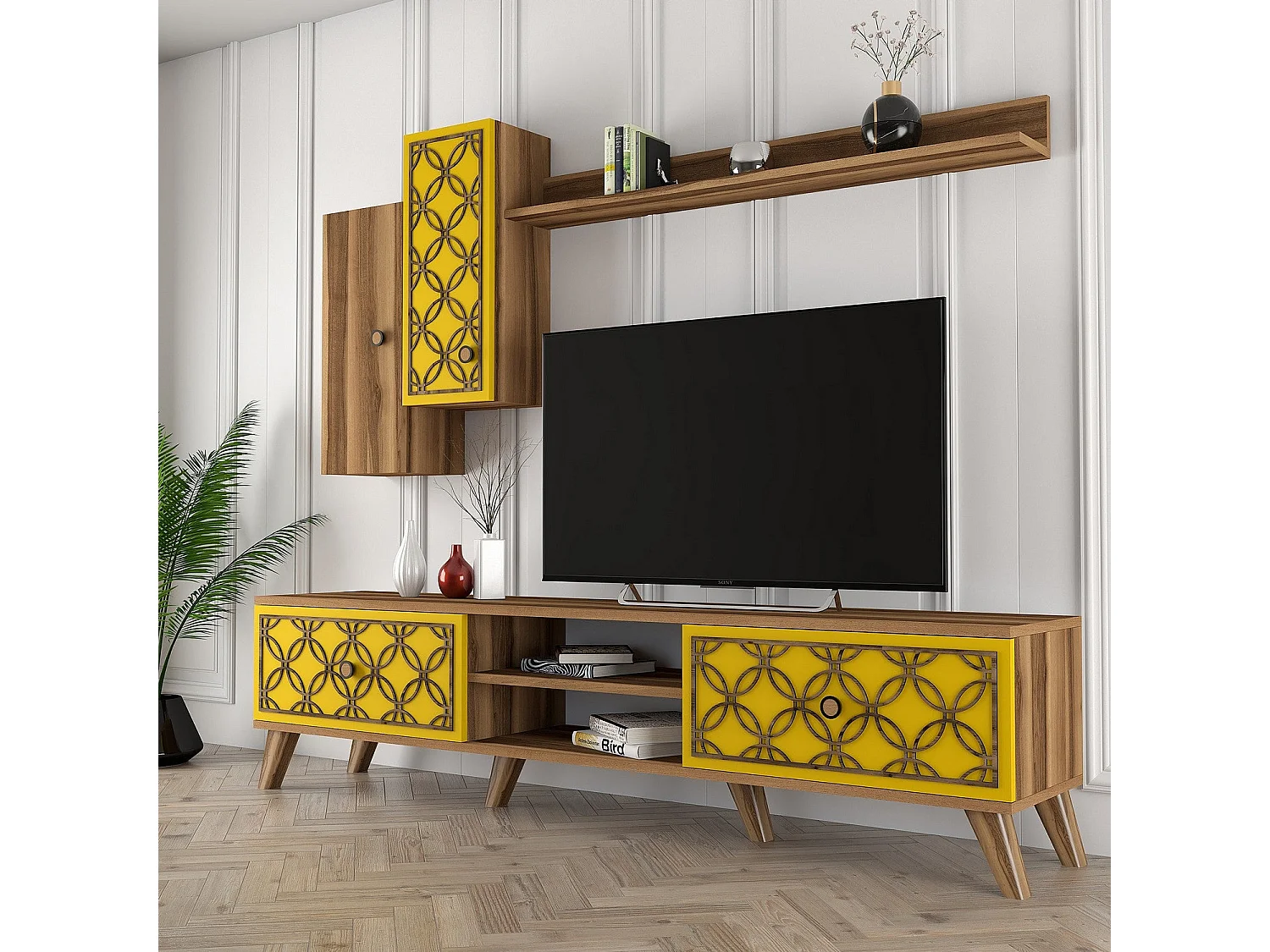 Mueble de TV – 180x44x35 cm – Nogal y Amarillo – Melamina