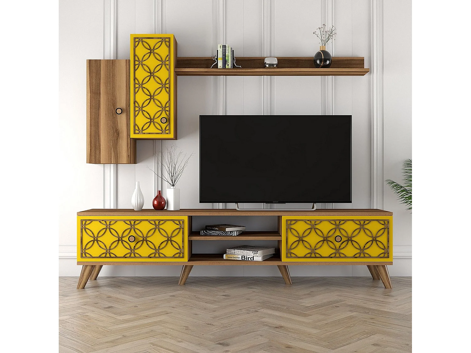 TV-Ständer – 180 x 44 x 35 cm – Walnuss und Gelb – Melamin