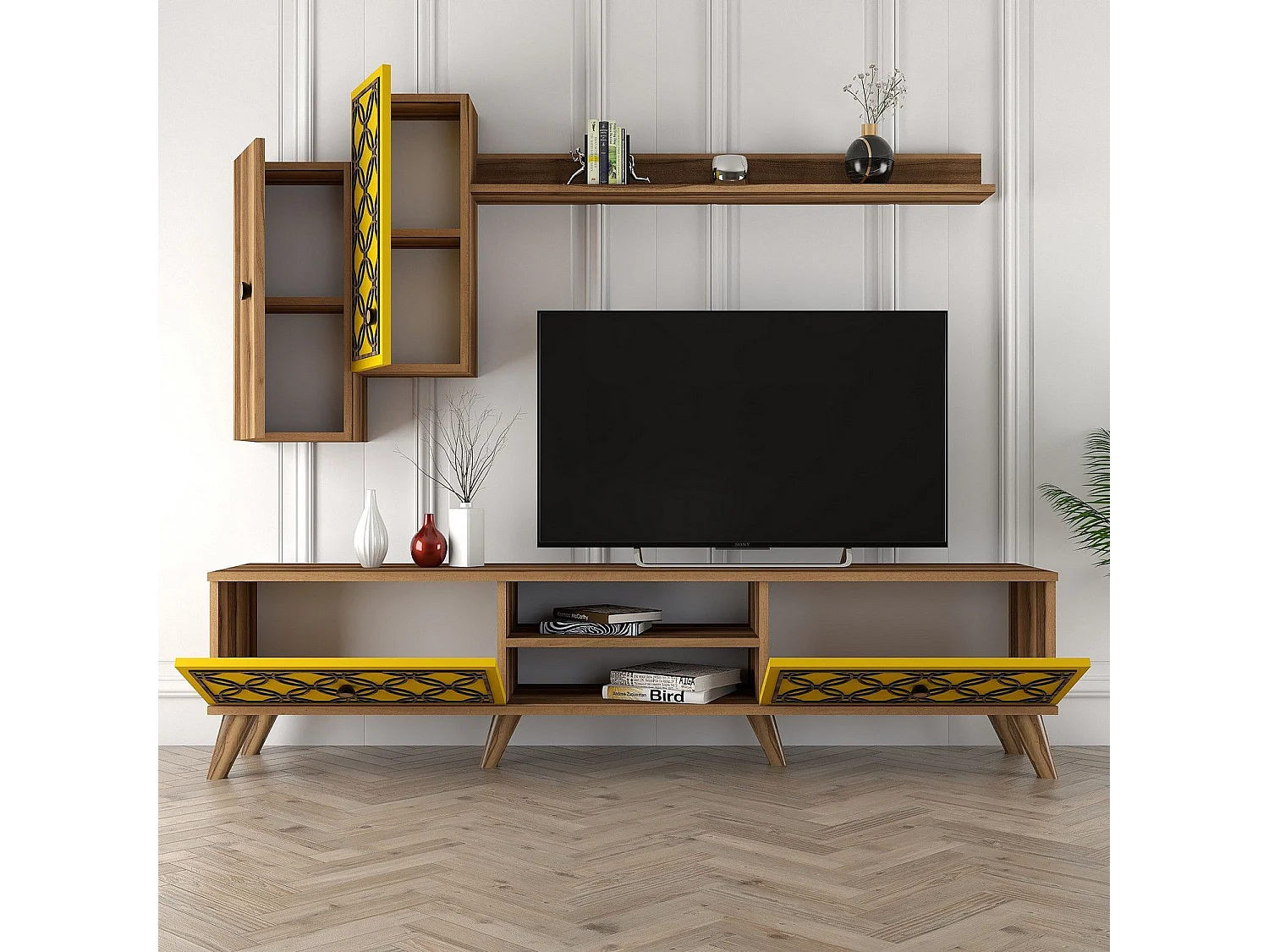 TV-Ständer – 180 x 44 x 35 cm – Walnuss und Gelb – Melamin