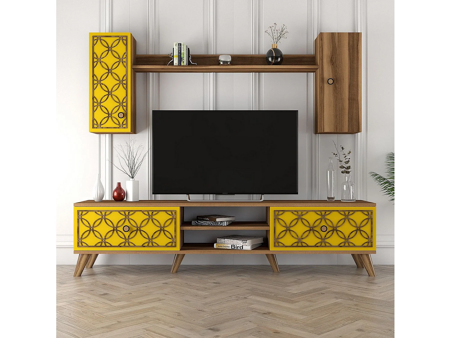 TV-Ständer – 180 x 44 x 35 cm – Walnuss und Gelb – Melamin