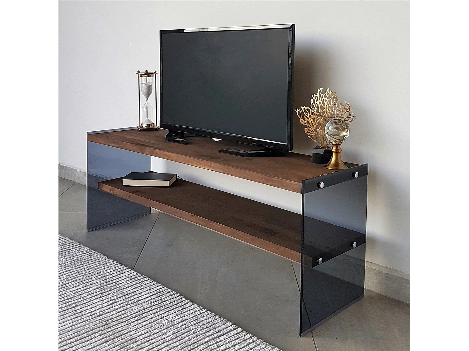 Meuble TV 2 tablettes Doris L120cm Bois massif et Verre trempé Fumé Noir