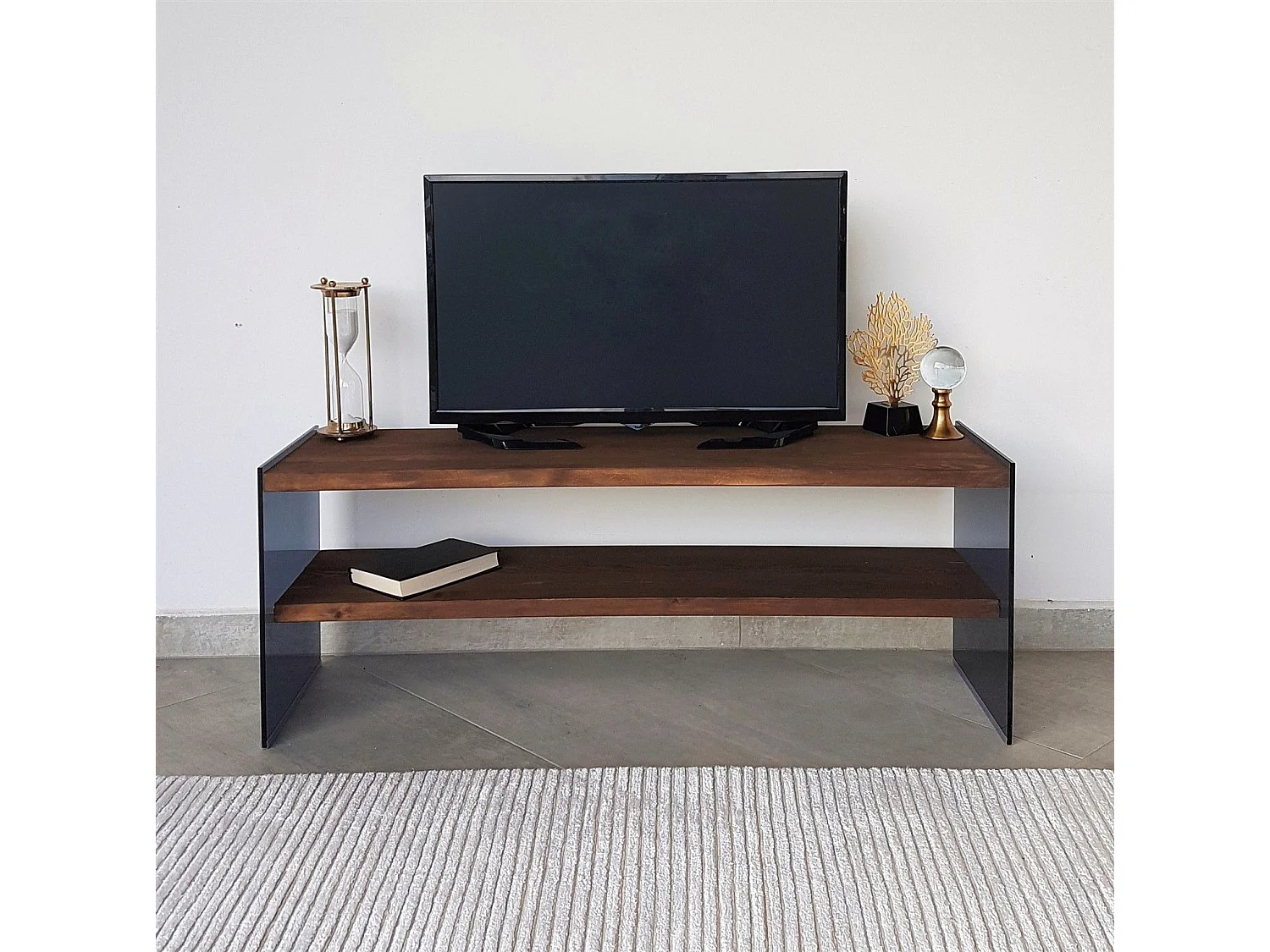 Meuble TV 2 tablettes Doris L120cm Bois massif et Verre trempé Fumé Noir