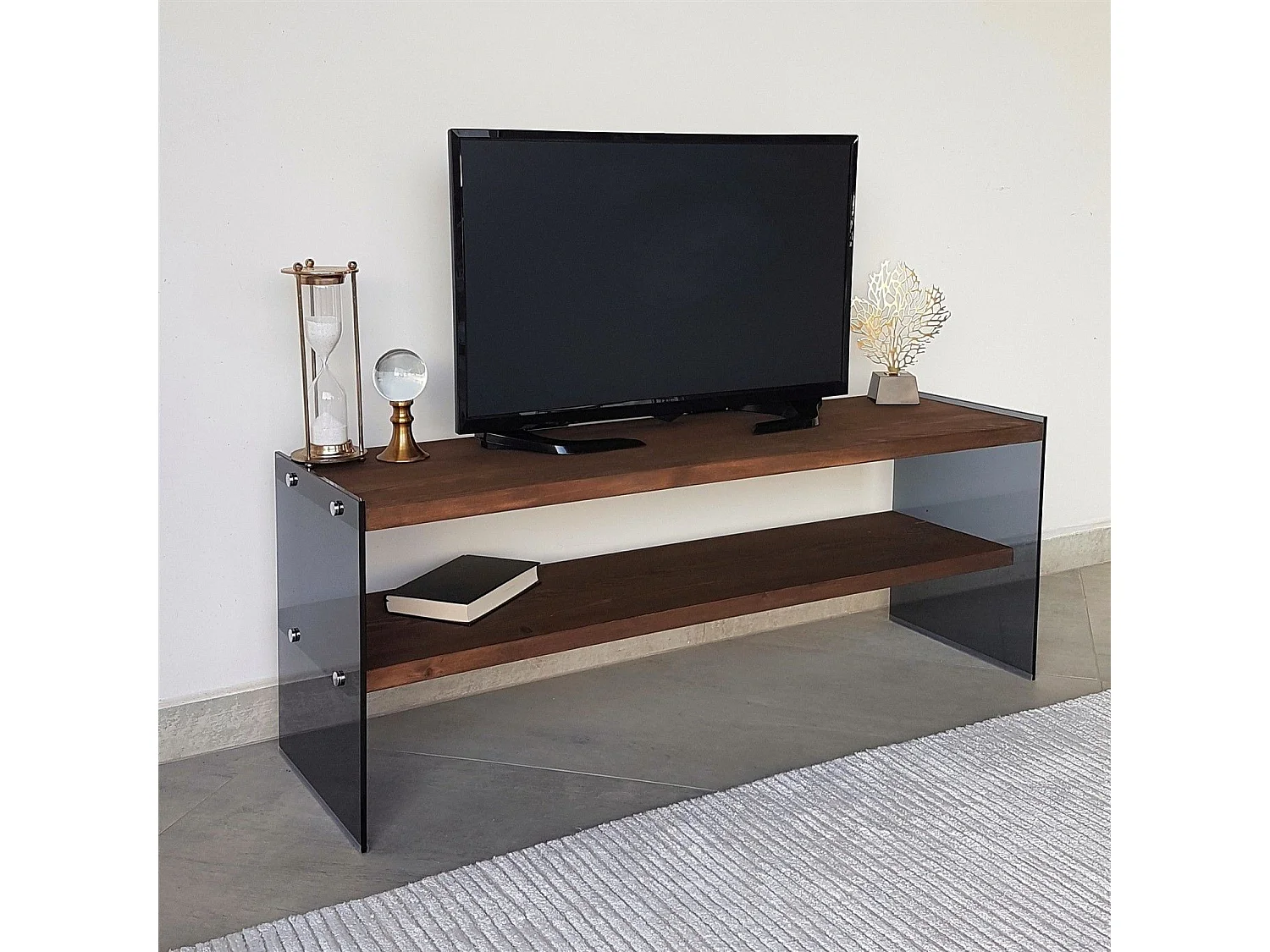 Meuble TV 2 tablettes Doris L120cm Bois massif et Verre trempé Fumé Noir