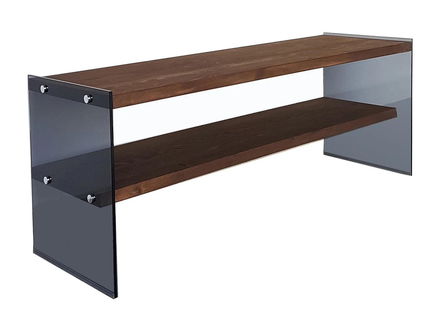 Meuble TV 2 tablettes Doris L120cm Bois massif et Verre trempé Fumé Noir