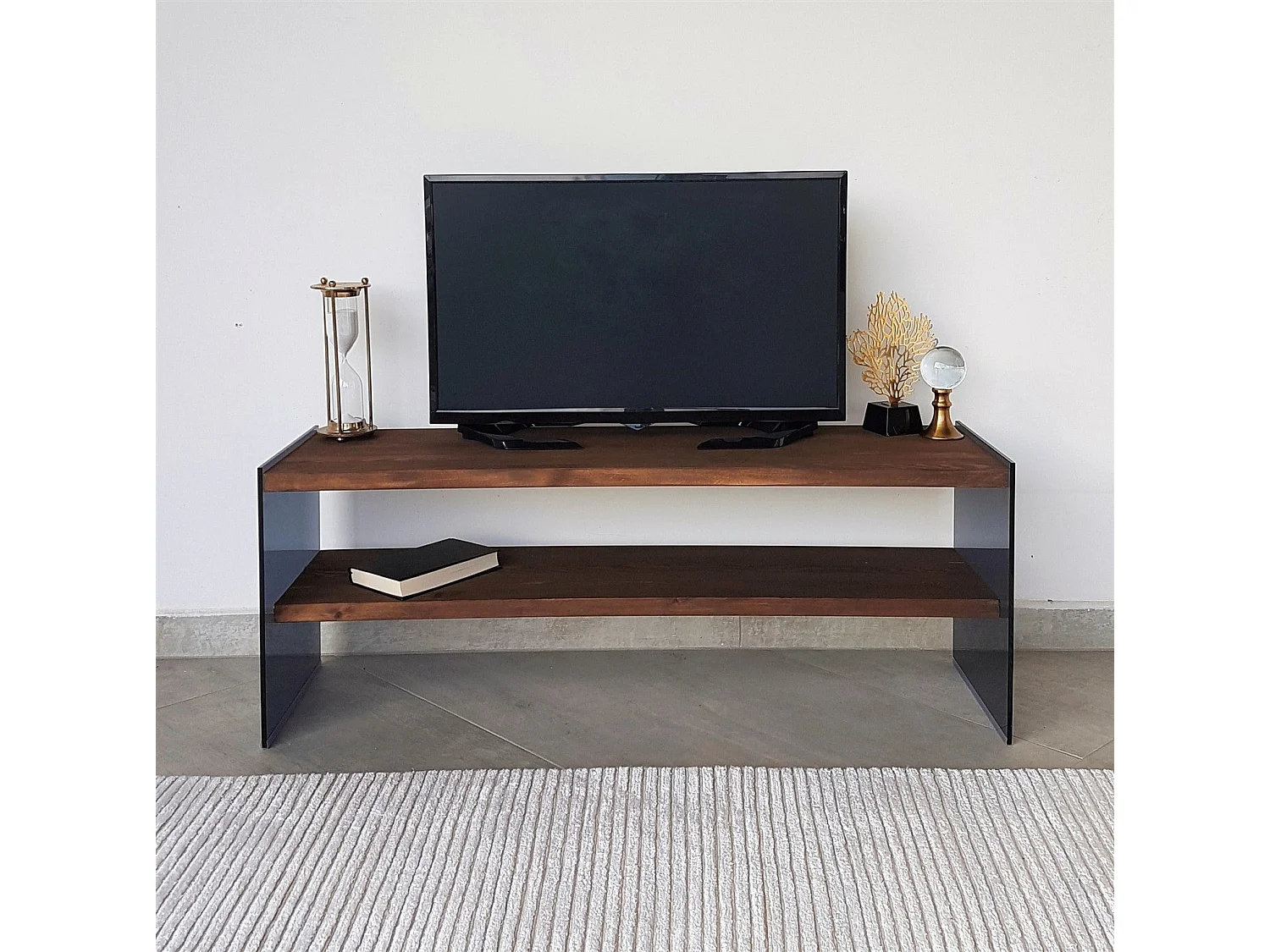 Meuble TV 2 tablettes Doris L120cm Bois massif et Verre trempé Fumé Noir