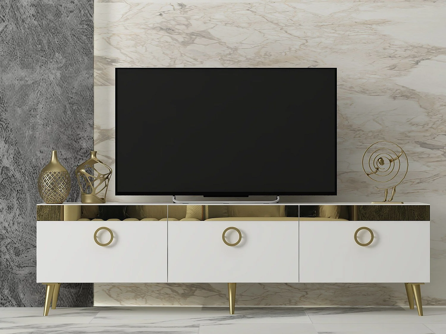 Mesa de tv Kailua 1962, Dorado|Blanco, 150x45x30cm