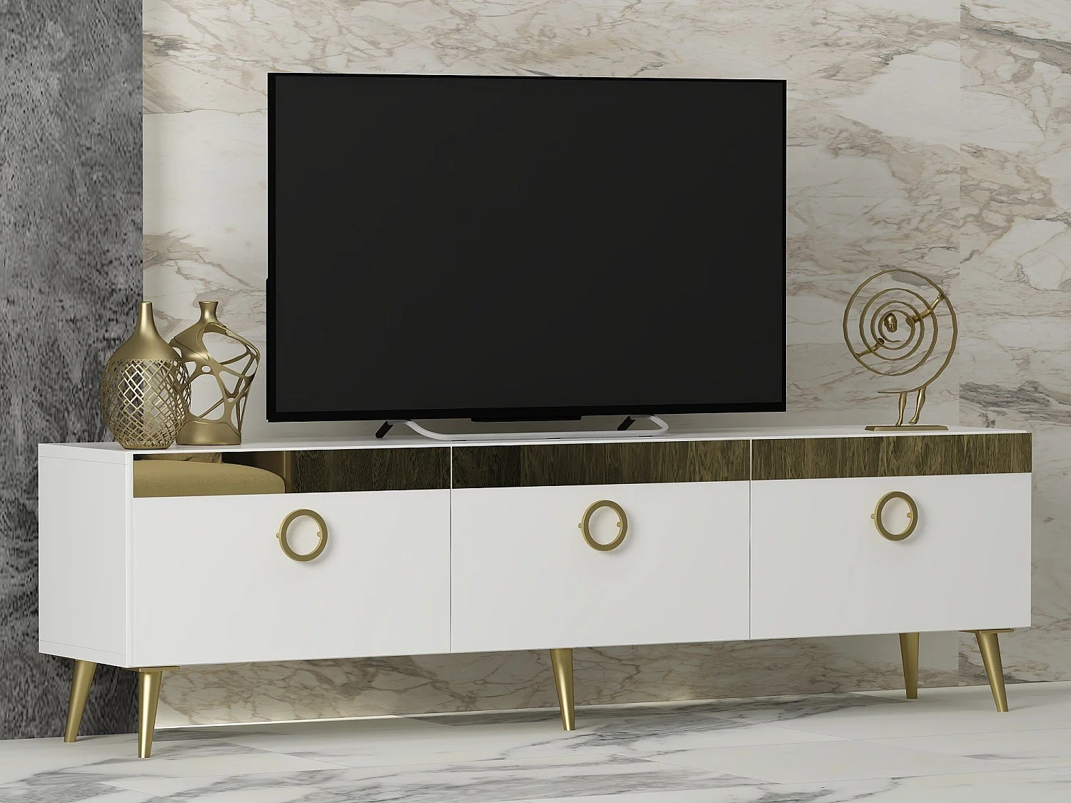 Mesa de tv Kailua 1962, Dorado|Blanco, 150x45x30cm