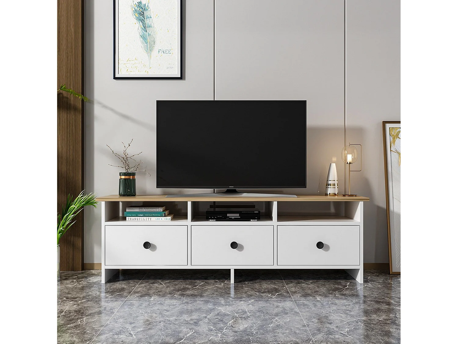 Mobile TV – 150 cm x 47 cm x 36 cm – Bianco e Zaffiro – Pannello truciolare rivestito in melaminico