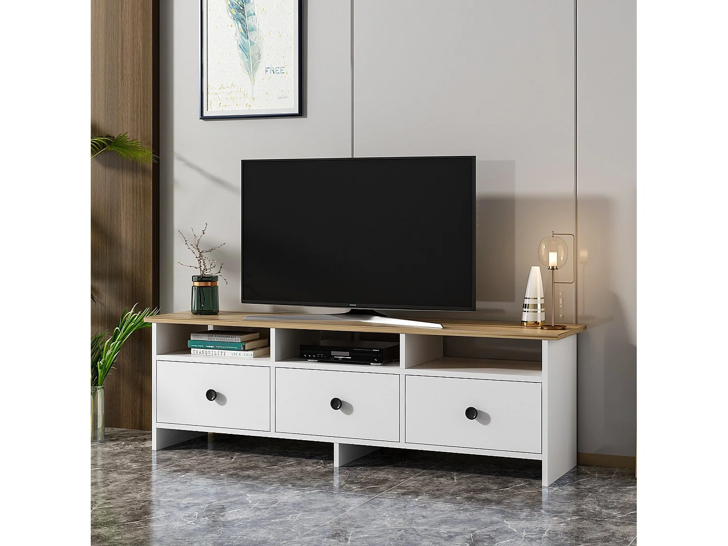 Mobile TV – 150 cm x 47 cm x 36 cm – Bianco e Zaffiro – Pannello truciolare rivestito in melaminico