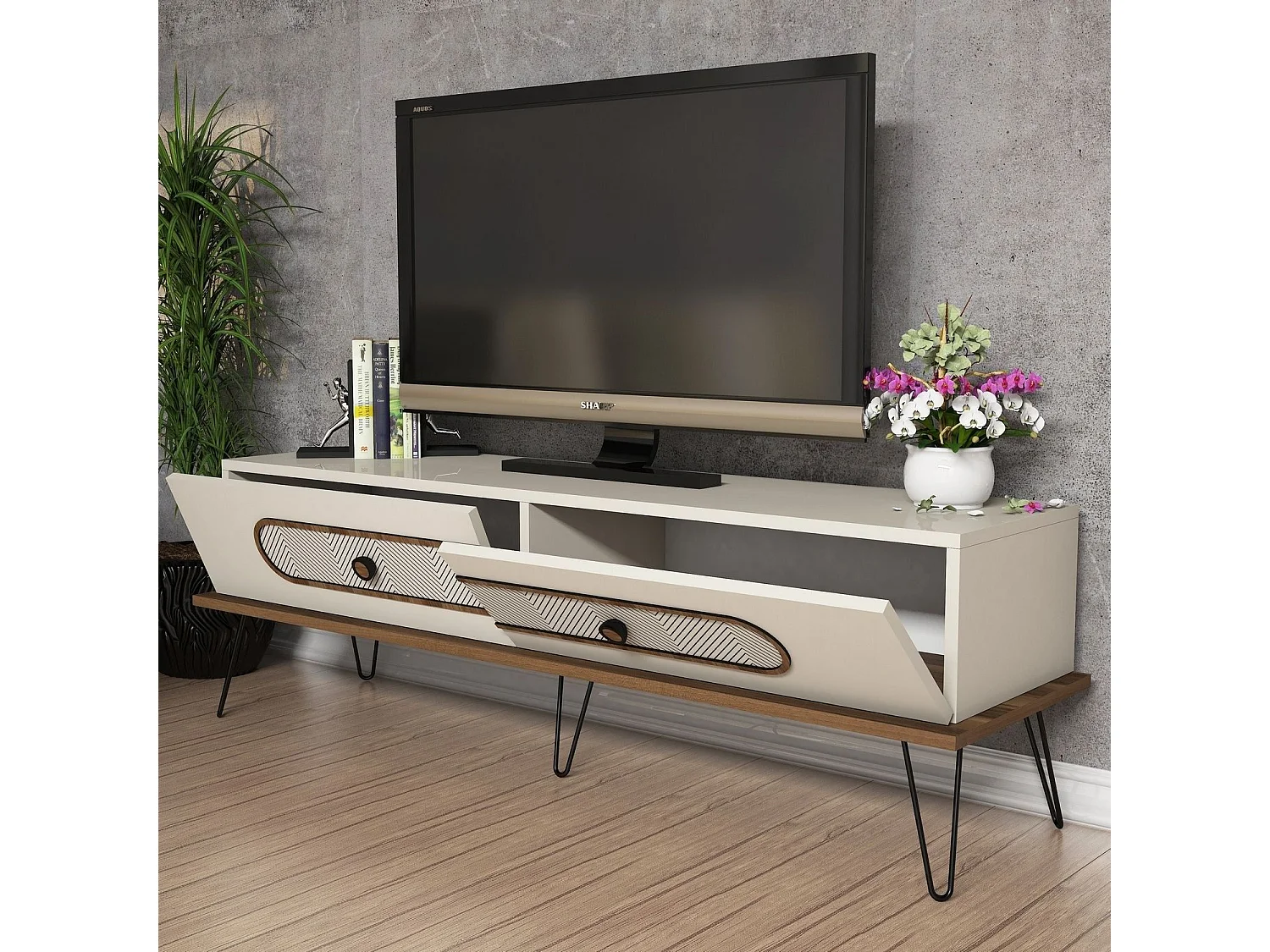 Meuble TV Dover L145cm Bois foncé et Blanc crème
