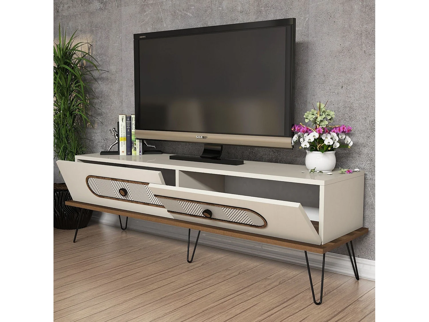 Meuble TV Dover L145cm Bois foncé et Blanc crème