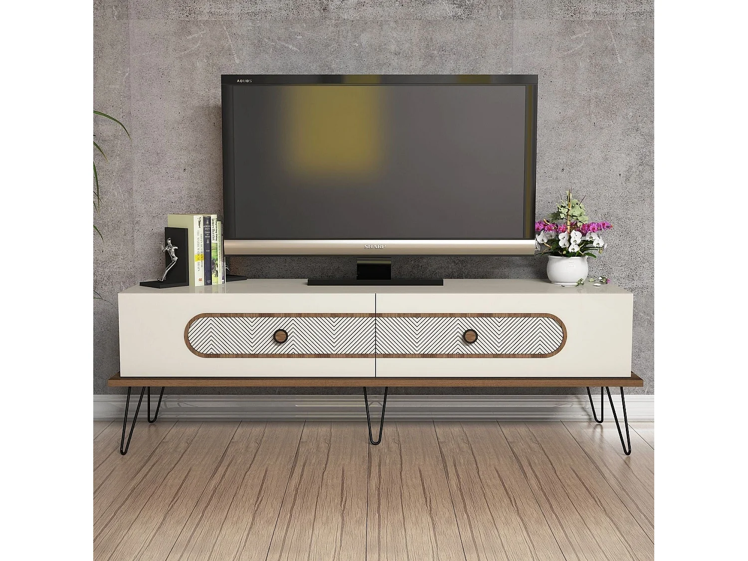 Meuble TV Dover L145cm Bois foncé et Blanc crème