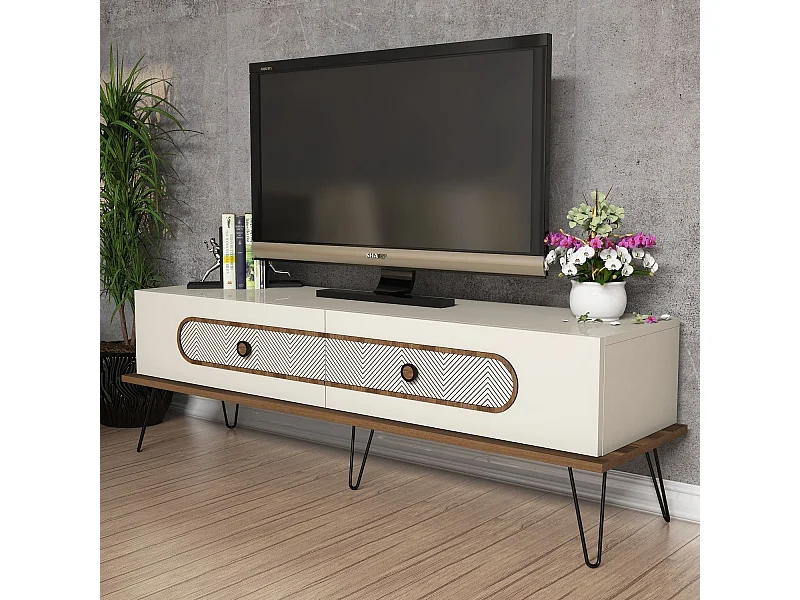 Meuble TV Dover L145cm Bois foncé et Blanc crème