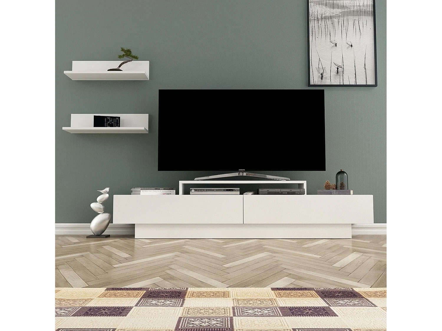 Ensemble meuble TV et 2 étagères murales Juna Blanc