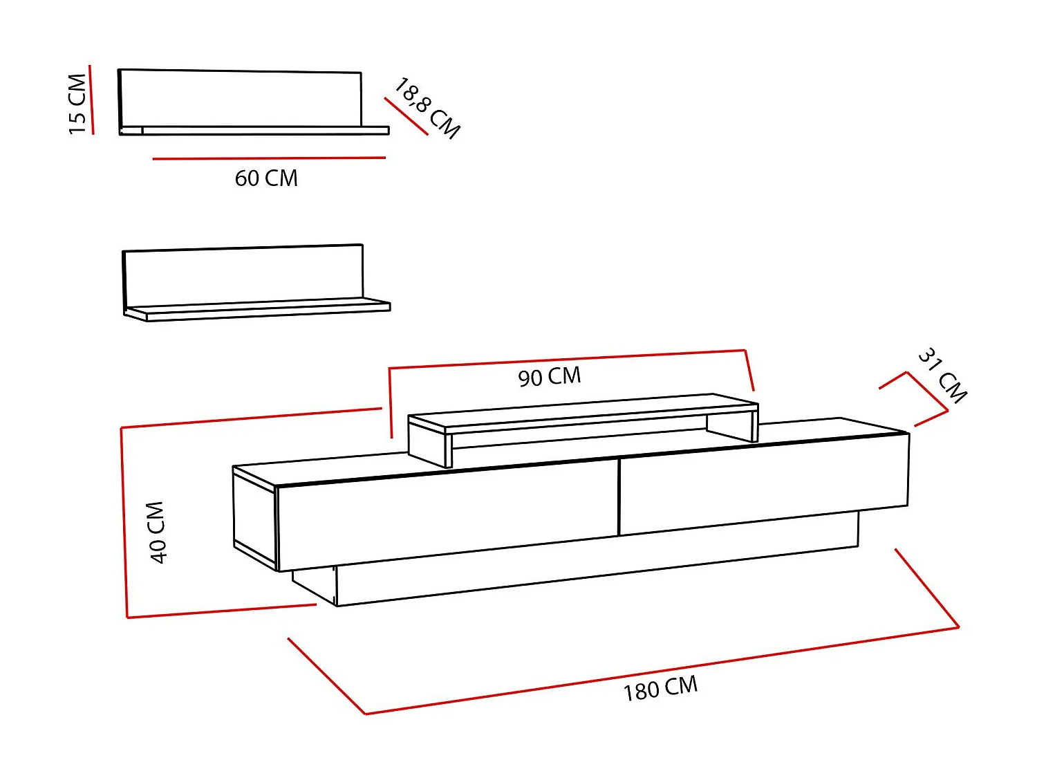 Ensemble meuble TV et 2 étagères murales Juna Blanc