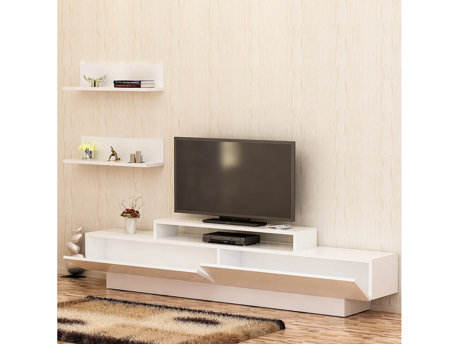 Ensemble meuble TV et 2 étagères murales Juna Blanc