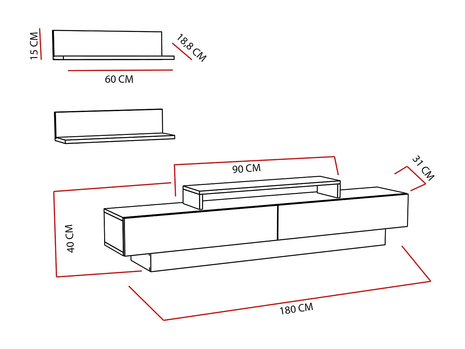 Ensemble meuble TV et 2 étagères murales Juna Blanc