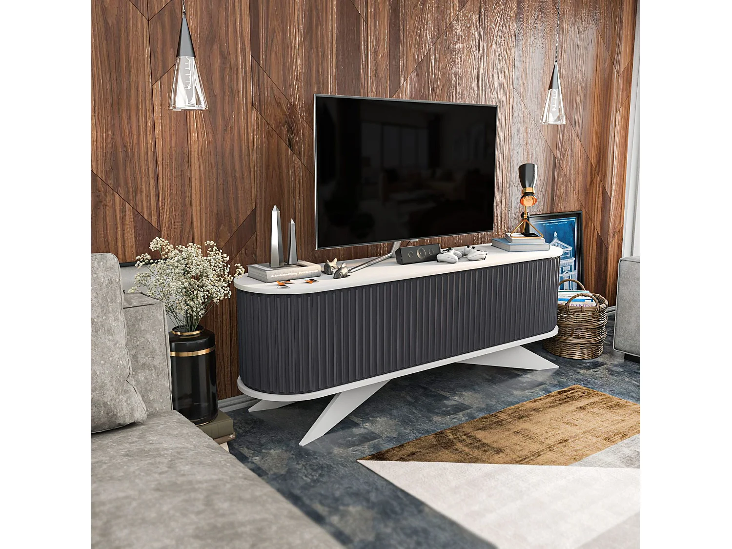 Meuble TV portes coulissantes Natera 180cm Blanc et Anthracite