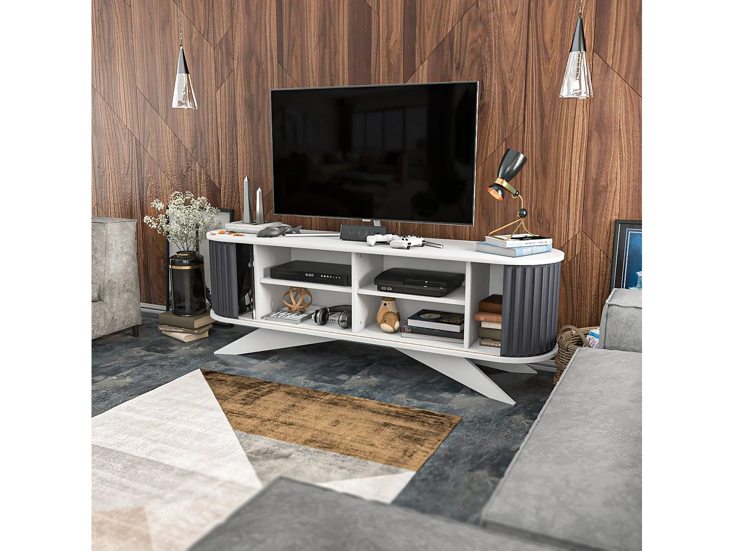 Nowoczesna szafka pod telewizor, antracytowo-biała, 180 x 43 x 60 cm | Płyta wiórowa pokryta melaminą w 100%, grubość 18 mm | Elegancka i funkcjonalna do salonu