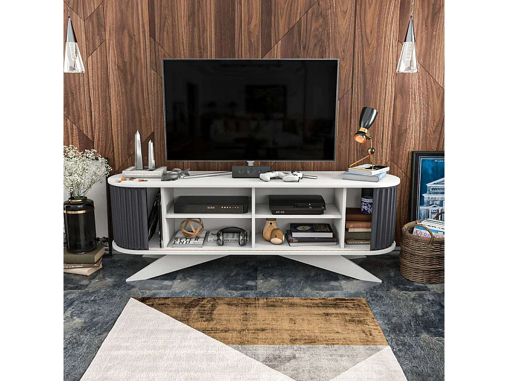 Nowoczesna szafka pod telewizor, antracytowo-biała, 180 x 43 x 60 cm | Płyta wiórowa pokryta melaminą w 100%, grubość 18 mm | Elegancka i funkcjonalna do salonu