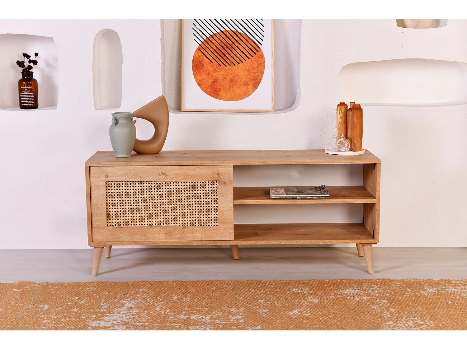 Elegante mueble de TV de roble, 138 x 55 x 41 cm | Tablero de partículas revestido 100 % melaminizado, patas de carpe (15 cm) | Perfecto para salones modernos