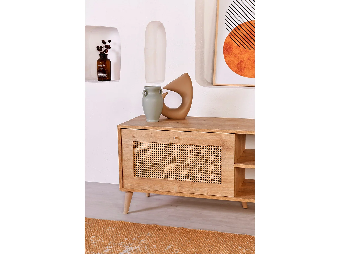 Elegante mueble de TV de roble, 138 x 55 x 41 cm | Tablero de partículas revestido 100 % melaminizado, patas de carpe (15 cm) | Perfecto para salones modernos